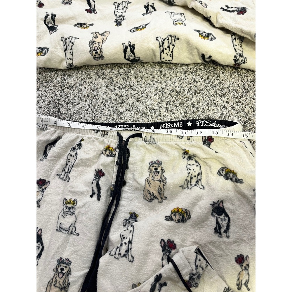 PJ Salvage Women Small Dog Print Flannel Pajama Set Cream‎ Button Front Long - Picture 8 of 15